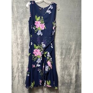 Talbots Floral Midi Dress Petite 16P Navy Pink Sleeveless Tie Waist Summer